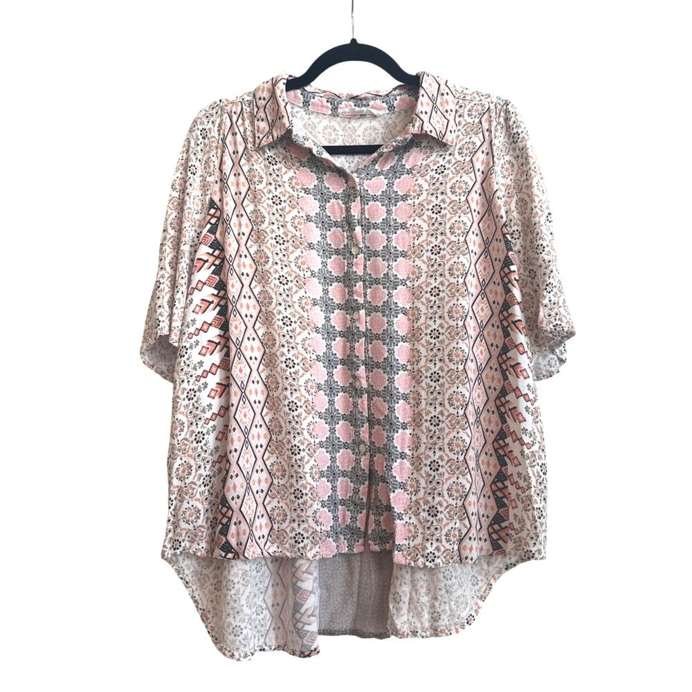 Jane and Delaney Pink and Orange Boho Mixed Print Collar Button Down Top